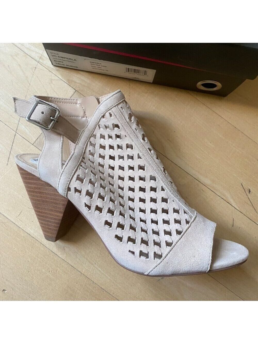 Vince Camuto BNWT Women's suede tan sz 10M "emperla" cage sandal cone heel